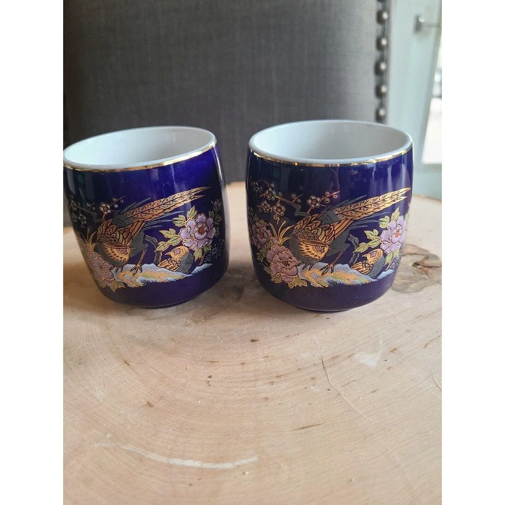 Japanese Sake Tea Cups Cobalt Blue Gold Trim Floral Vintage